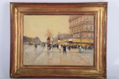 une peinture à l'huile représentant des personnes marchant dans une rue en ville
