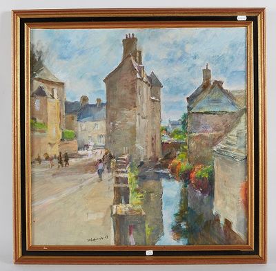 une peinture à l'huile représentant une scène de rue avec des bâtiments et une rivière