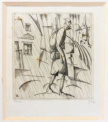 an image of a drawing of a man walking in the rain