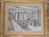 peinture représentant un dessin d'une salle à manger avec une horloge accrochée au mur