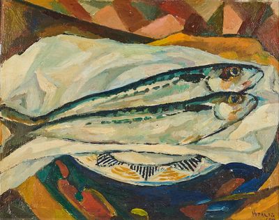 une peinture représentant un poisson dans une assiette posée sur une table