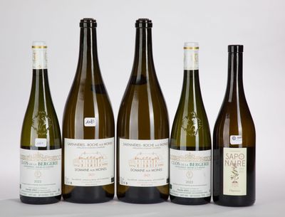 six bottles of wine are lined up on a white surface