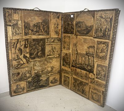 an old wooden folding screen with pictures of people and animals on it