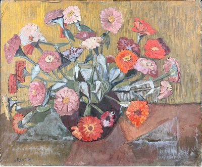 une peinture de fleurs dans un vase sur une table