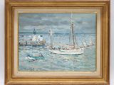 an oil painting of a sailboat in the water near a lighthouse
