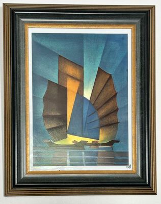 painting of a sailboat in a blue sea with a yellow sail