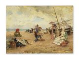 tableau représentant un groupe de personnes sur une plage, avec un bateau en arrière-plan