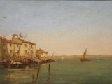 tableau représentant un bateau sur un plan d'eau, avec des bâtiments en arrière-plan