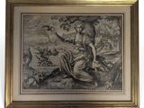 an antique engraving of a man and a woman in a landscape