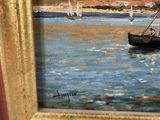 a picture of a painting of a boat in the water
