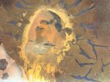 a painting of a man with a beard and a sun on his face