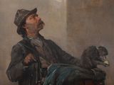a painting of a man sitting in a chair with a dog