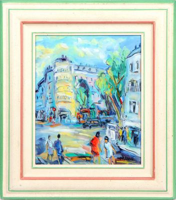 an oil painting of a city street scene with people and cars