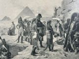 a painting of a group of men standing in front of a pyramid