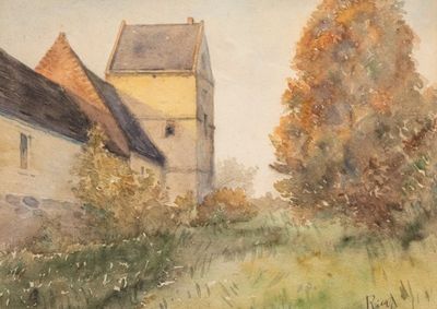 a watercolor painting of a building and a tree