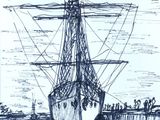 dessin représentant un bateau amarré à un quai, avec des personnes debout sur le quai