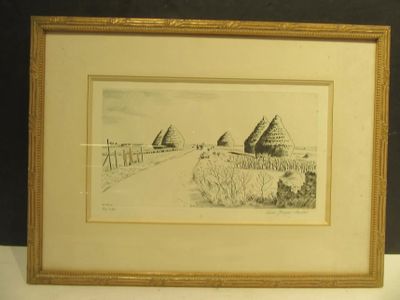 une image représentant un dessin d'une scène de ferme avec des balles de foin