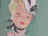 tableau représentant une femme vêtue d'une robe blanche et coiffée d'un chapeau