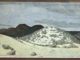 an image of a painting of a mountain with rocks in the foreground and a cloudy sky in the background