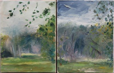 deux tableaux représentant un champ avec des arbres et un oiseau dans le ciel