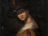 un tableau représentant une femme portant un chapeau et une écharpe