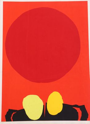 une image représentant une affiche rouge et jaune sur laquelle on voit deux personnes assises sur un banc