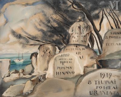 un tableau représentant un groupe de pierres tombales dans un cimetière