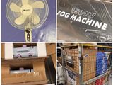 plusieurs photos de cartons et d'un ventilateur à l'intérieur d'un magasin