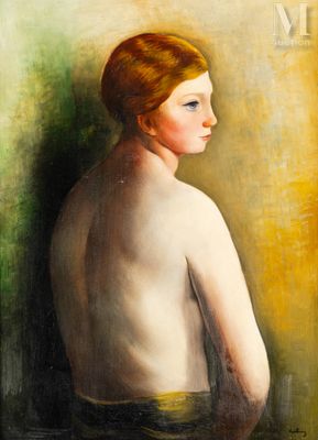 a painting of a woman with red hair and no shirt