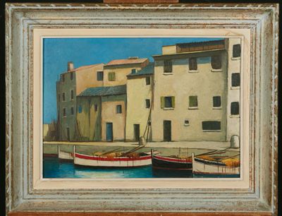 painting of two boats in a harbor with buildings in the background