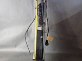 the ladder is leaning up against the wall with a yellow handle