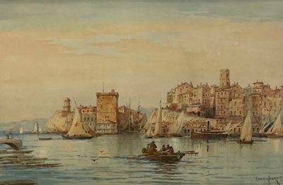 un tableau représentant une ville au bord de l'eau, avec des bateaux