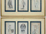 quatre dessins encadrés représentant des personnes vêtues de tenues orientales et coiffées de chapeaux