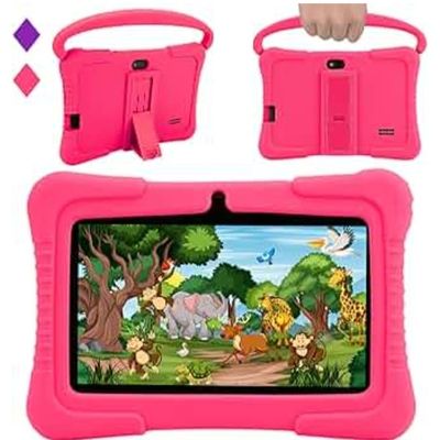 a child ' s tablet with a pink case and a hand holding it