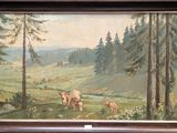 a picture of a painting of cows in a field