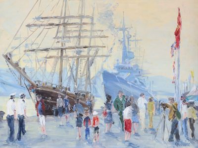 un tableau représentant un groupe de personnes rassemblées autour d'un bateau