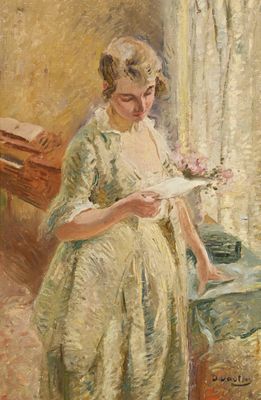 tableau représentant une femme en train de lire un livre devant une fenêtre
