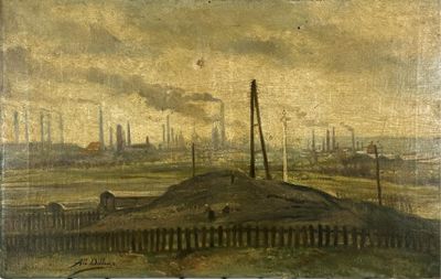 tableau représentant une vue d'une ville avec des usines au loin