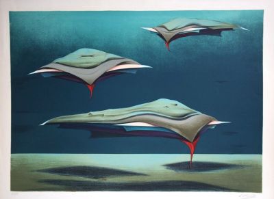 a painting of a group of flying objects in the sky