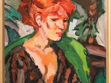 une peinture à l'huile représentant une femme aux cheveux roux vêtue d'une robe noire