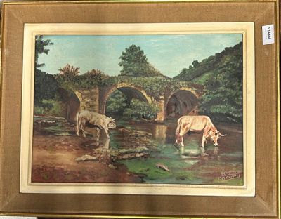 un tableau représentant deux vaches en train de boire l'eau d'un ruisseau