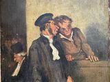 un vieux tableau représentant deux hommes assis à une table avec un livre