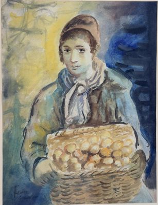 an image of a painting of a woman holding a basket of mushrooms