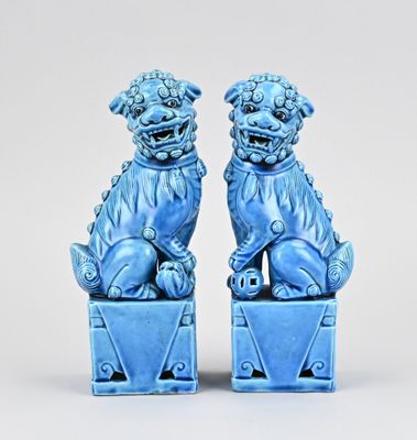 paire de chiens foo foo en faïence bleue, assis sur des boîtes bleues