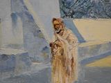 a painting of a woman walking down the street