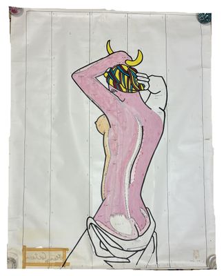 un tableau représentant une femme aux toilettes avec une vache sur la tête