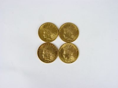 4 pièces de 10 dollars or "Tête d'indien", 1913 et 1915 (X3)