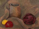 une peinture représentant une tasse de café et un fruit posés sur une nappe