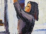 a painting of a woman standing in front of a window