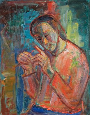 un tableau représentant un homme assis sur une chaise, tenant un téléphone portable
